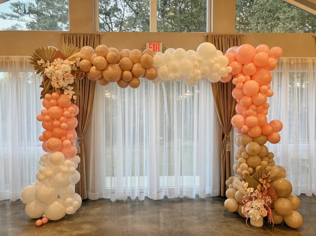 Peach and terracotta balloon arch with dried florals framing the window wall at Fellowship Event Hall