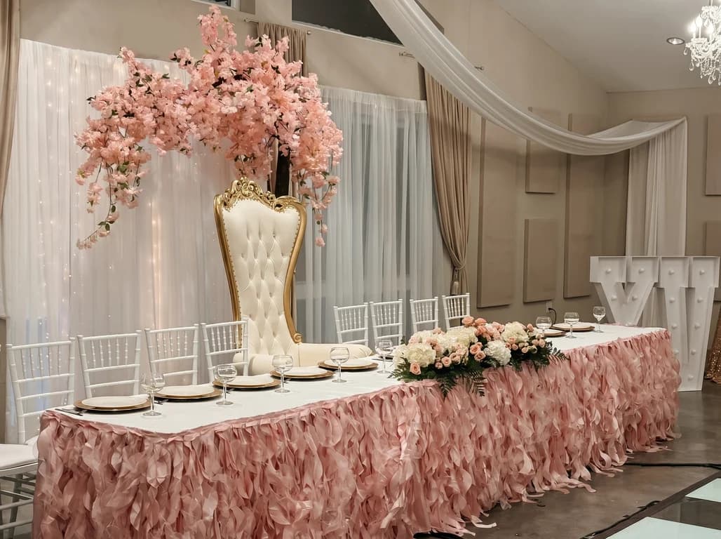 Majestic Event package — quinceañera head table with blush ruffled skirting, a tufted throne chair and cherry blossom centerpiece