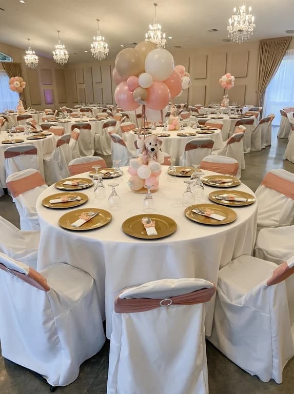 Round table with gold chargers, blush chair sashes and a teddy bear balloon centerpiece under the chandeliers